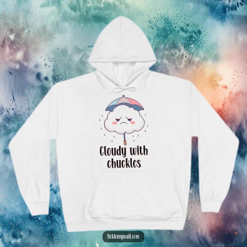 Funny Grumpy Cloud Hoodie, a grumpy cloud wearing a small umbrella, raining drops of laughter, for humorous warmth.