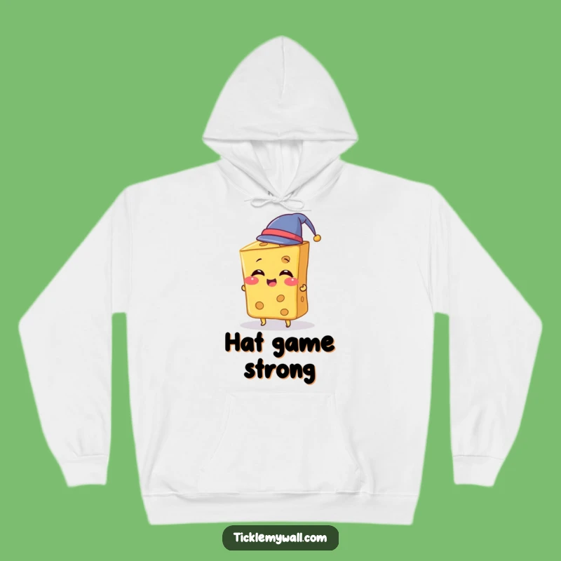 Cozy Funny Cheese Hat Hoodie: Giggling Cheese Slice Tries Tiny Hat, Great Funny Gift