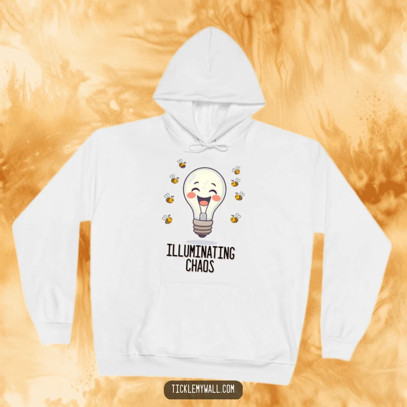 Funny laughing lightbulb juggling tiny buzzing bees on a cozy hoodie, offering humorous warmth and inspiration.