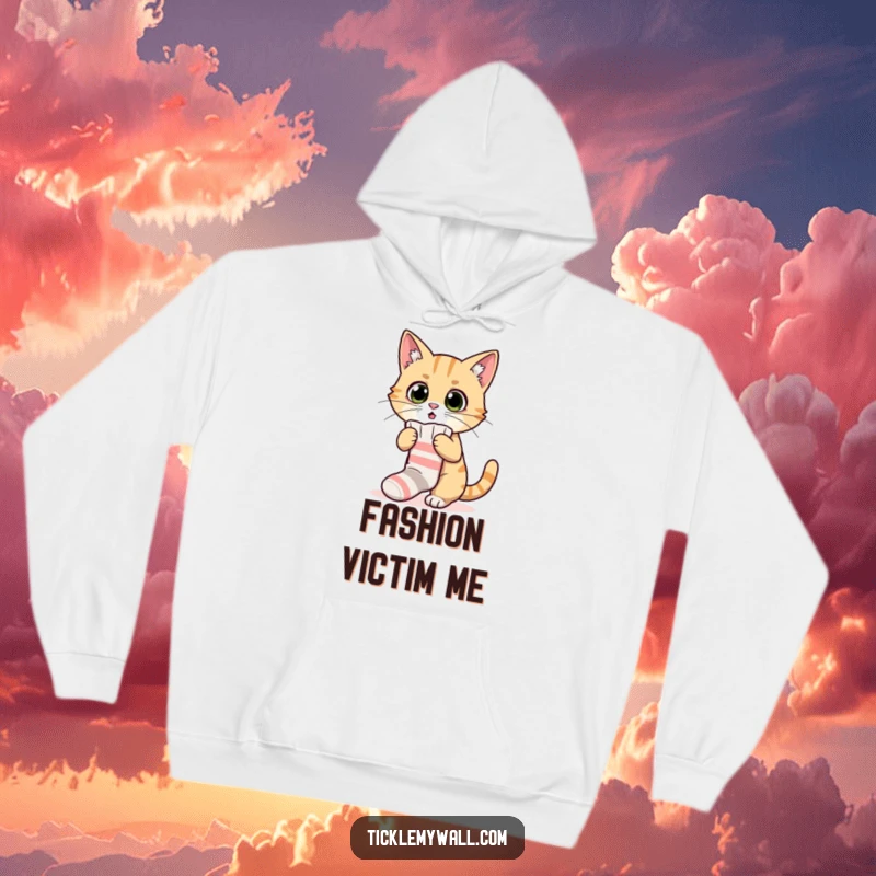 Funny hoodie with a surprised cat comically struggling with a small sock, perfect for cozy and humorous relaxation.