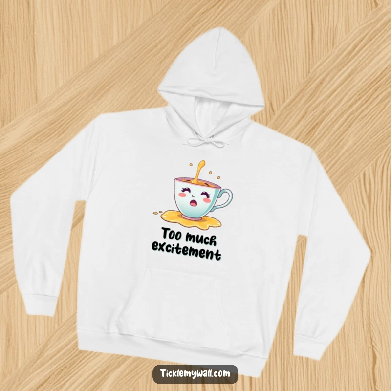 Funny Teacup Hoodie depicting a joyful teacup character in the midst of an unexpected and comical tea spill, perfect for cozy laughs.