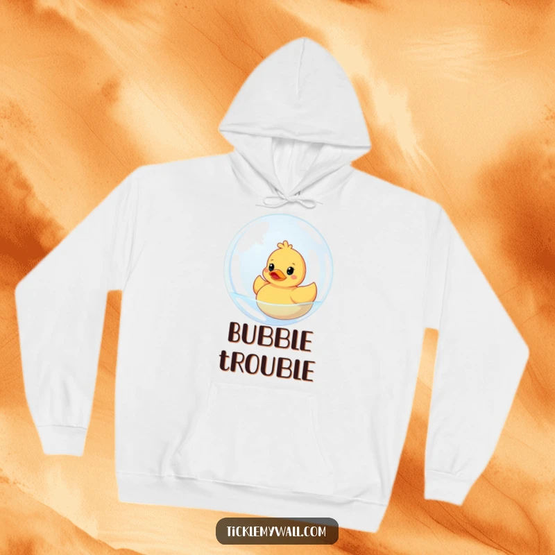 Funny hoodie with a rubber ducky comically stuck in a giant bubble. A warm and witty design for casual wear and gifting.