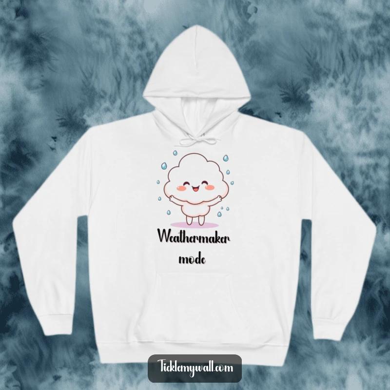 Funny happy cloud character juggling tiny raindrops, featured on a soft hoodie for cozy, humorous wear.