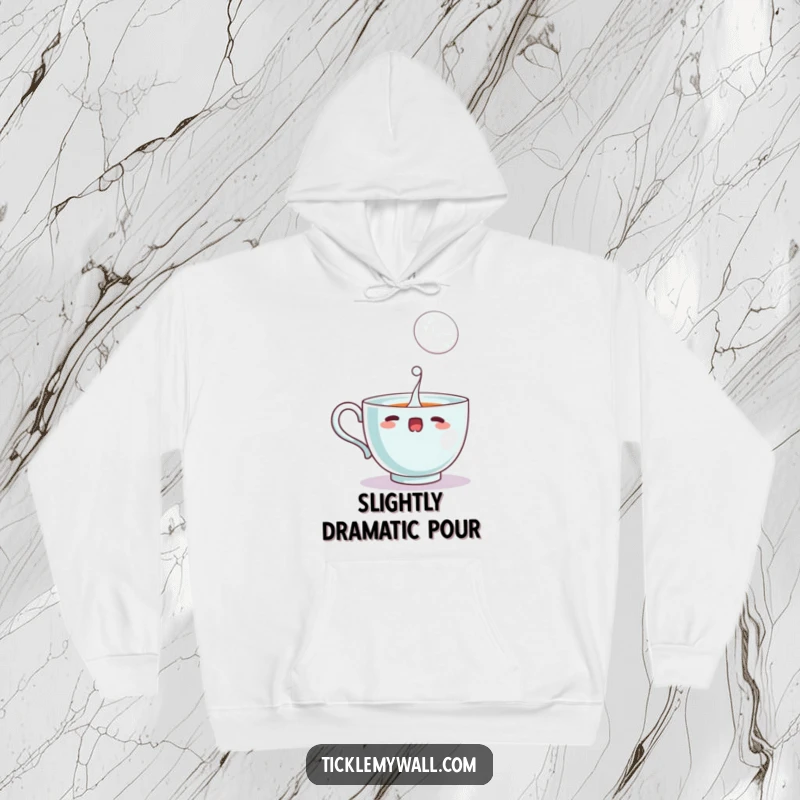 Funny startled teacup spilling a single, large bubble, featured on a soft hoodie for cozy, humorous wear.