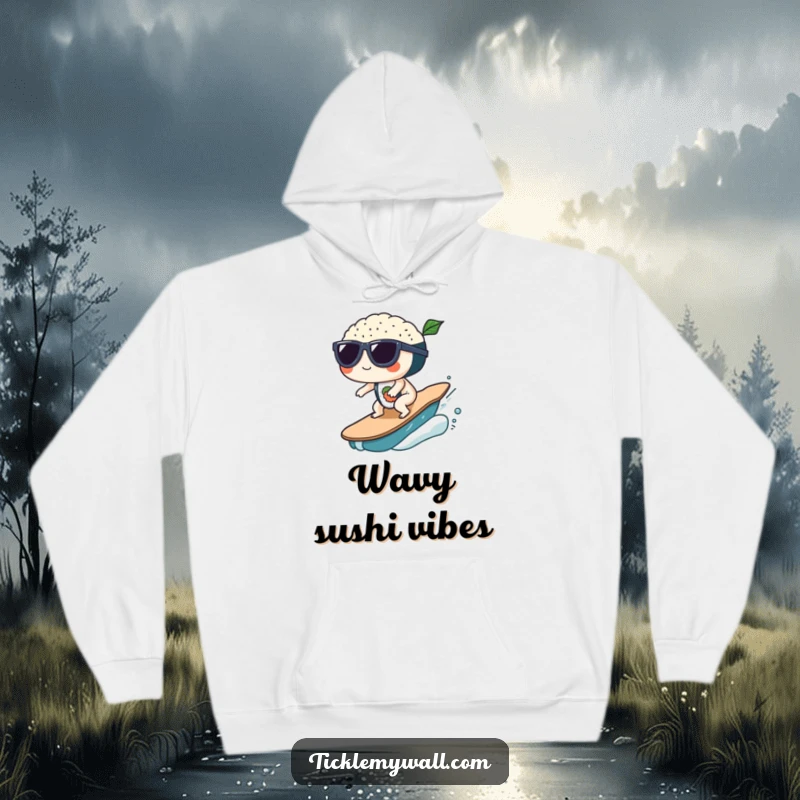 Funny Sushi Wave Sunglasses Hoodie: Sushi rolls with shades surf a big wave, a funny and warm gift.