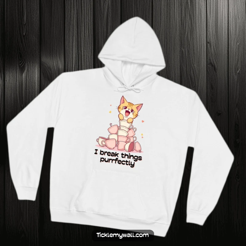 Funny hoodie showing a startled cat knocking over teacups, designed for comfort and comedic relief.