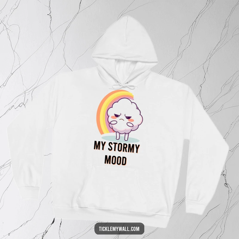 Funny Hoodie: A sullen cloud character reaching for a rainbow, offering a blend of humor and warmth.