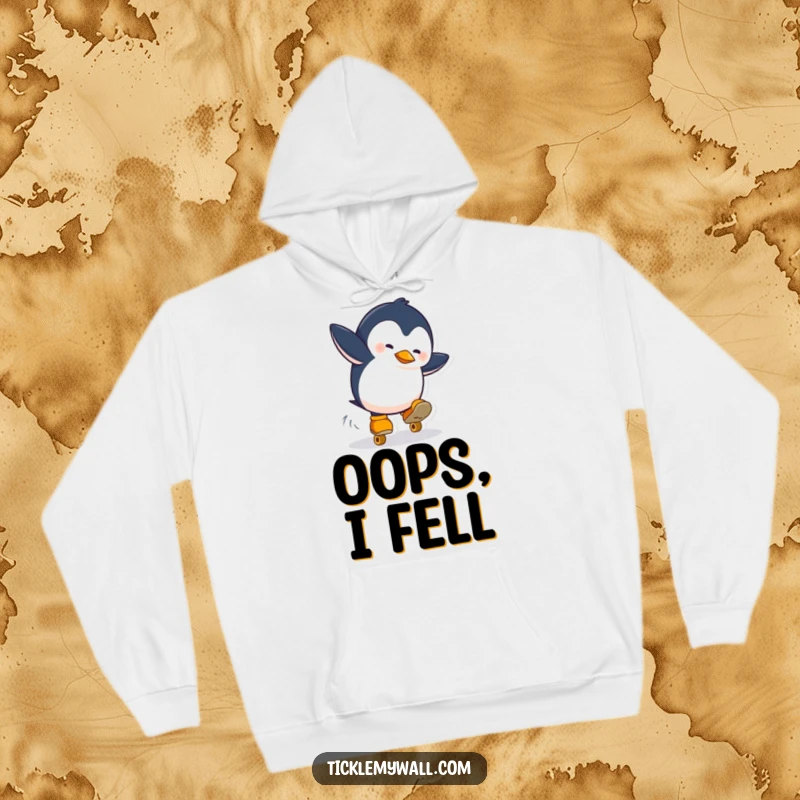 Funny hoodie with a penguin comically falling off roller skates. A warm and witty design for casual wear and gifting.