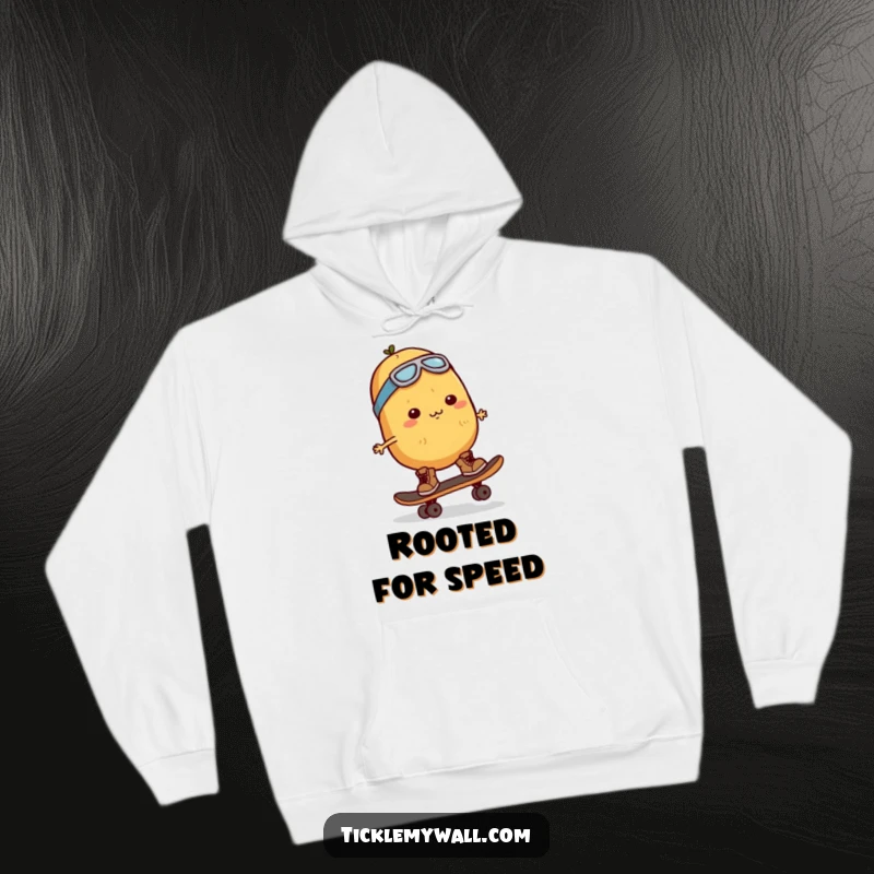 Funny Potato Skater Hoodie: A determined potato character in tiny boots attempting to skateboard, designed for warmth and laughs.
