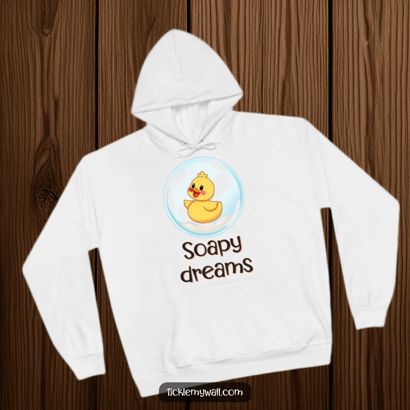 Funny hoodie with a delighted rubber ducky joyfully riding a gigantic soap bubble.
