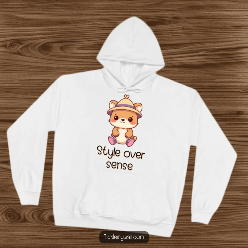 Funny hoodie featuring a delightful animal character wearing a tiny hat and adorably misplaced shoes on its hands.