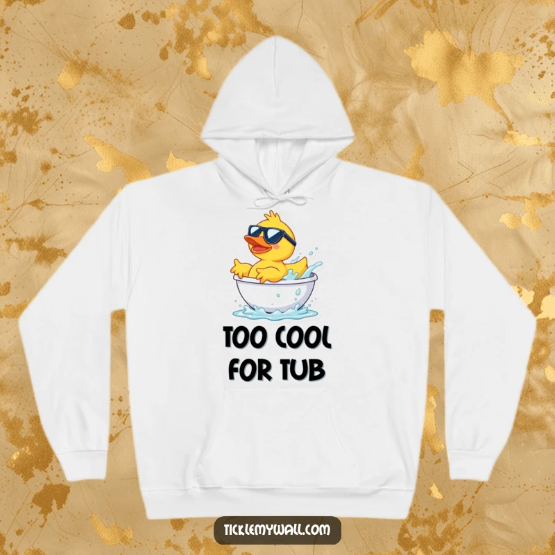 Funny rubber duck in sunglasses launching from a bathtub splash, a comfortable and humorous hoodie for cool individuals.