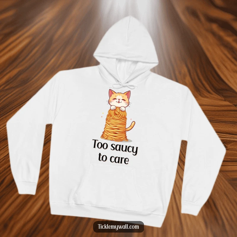 Funny Cat Spaghetti Balance Hoodie: A dramatic cat teeters with a massive spaghetti mound, making it a funny gift for cat fans.