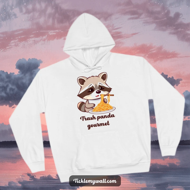 Funny confused raccoon wearing a bib attempting to eat spaghetti with chopsticks, a comfortable and humorous hoodie.