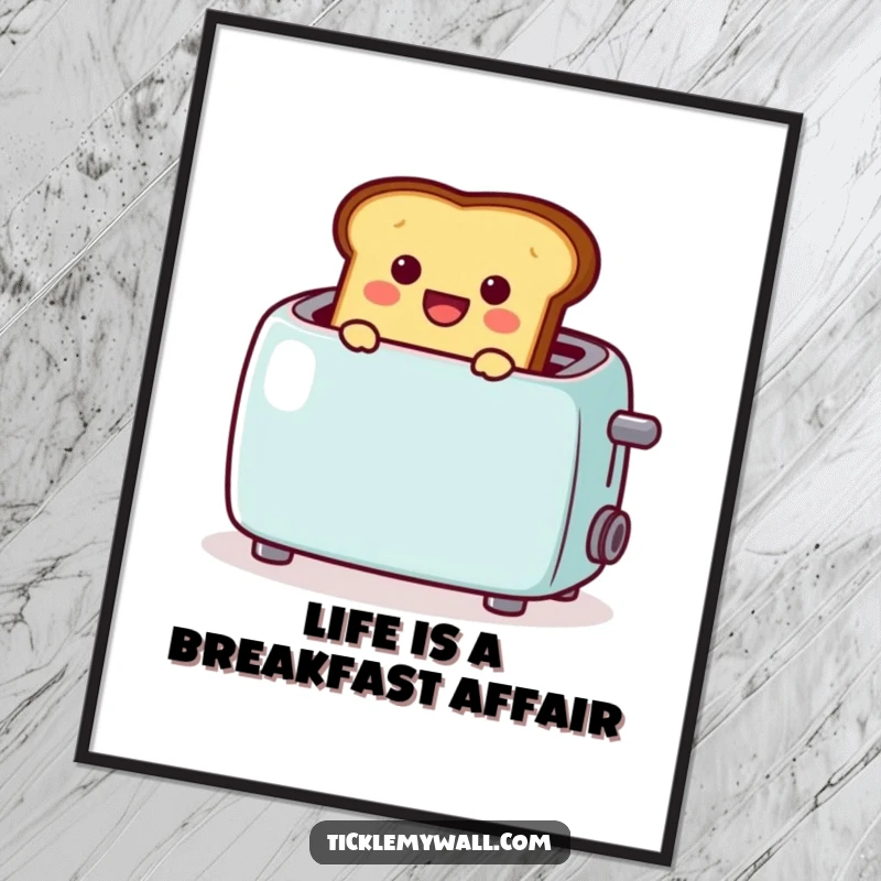 Funny Free Printable Wall Art: A happy toast popping from a toaster with a festive 🎉 symbol.