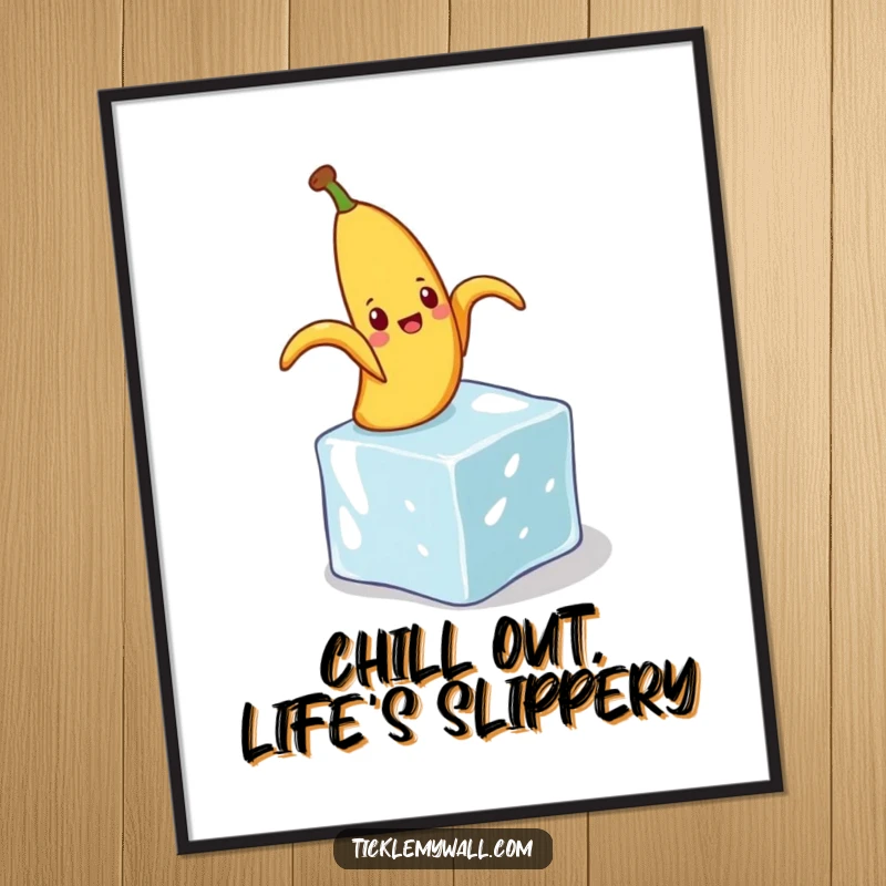 Funny Free Printable Wall Art capturing a happy banana peel mid-slip on a comical, tiny ice cube, a humorous decor item.