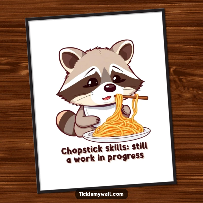 Funny Free Printable Wall Art of a confused raccoon wearing a bib, attempting spaghetti with chopsticks.