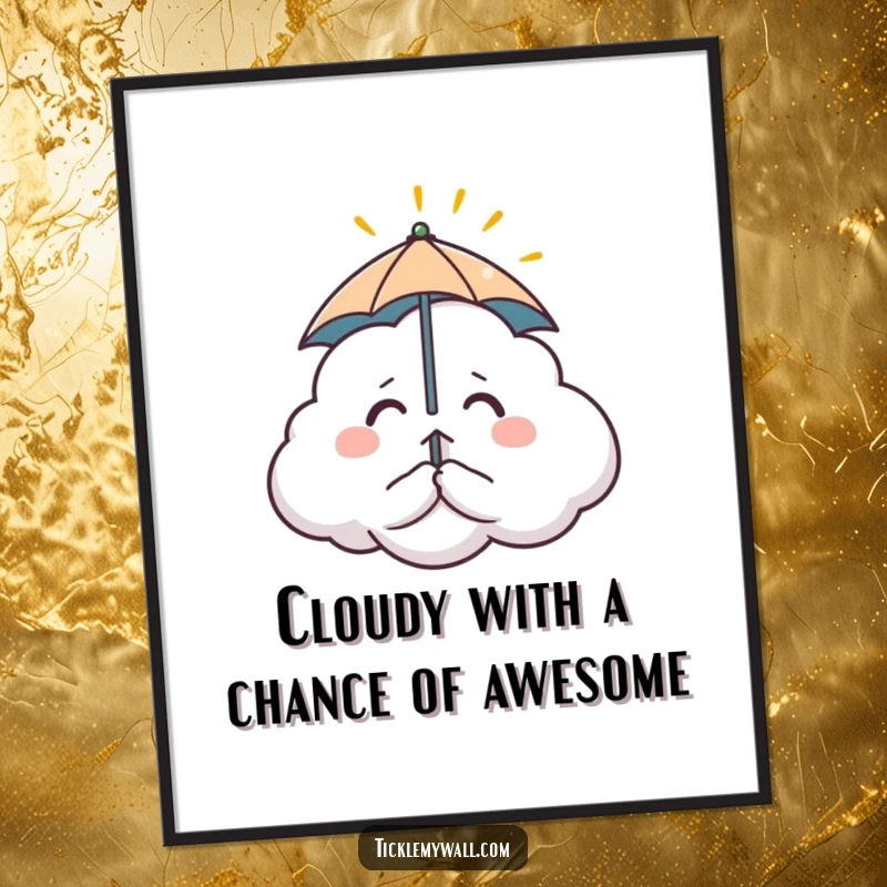 Funny Free Printable Wall Art: Nervous cloud wearing a tiny umbrella, humorously blocking a single sunbeam, quirky decor.