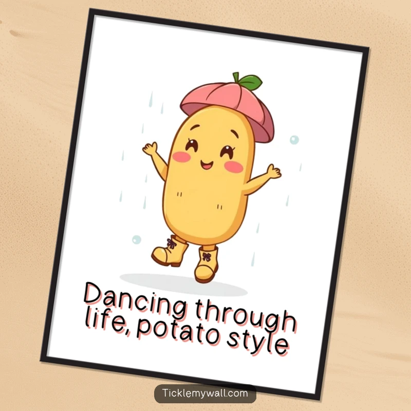 Funny Free Printable Wall Art: A happy potato in boots joyfully dances in the rain, bringing cheer.