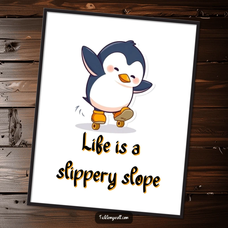 Funny free printable wall art of a penguin wearing roller skates and dramatically falling, a comical piece.
