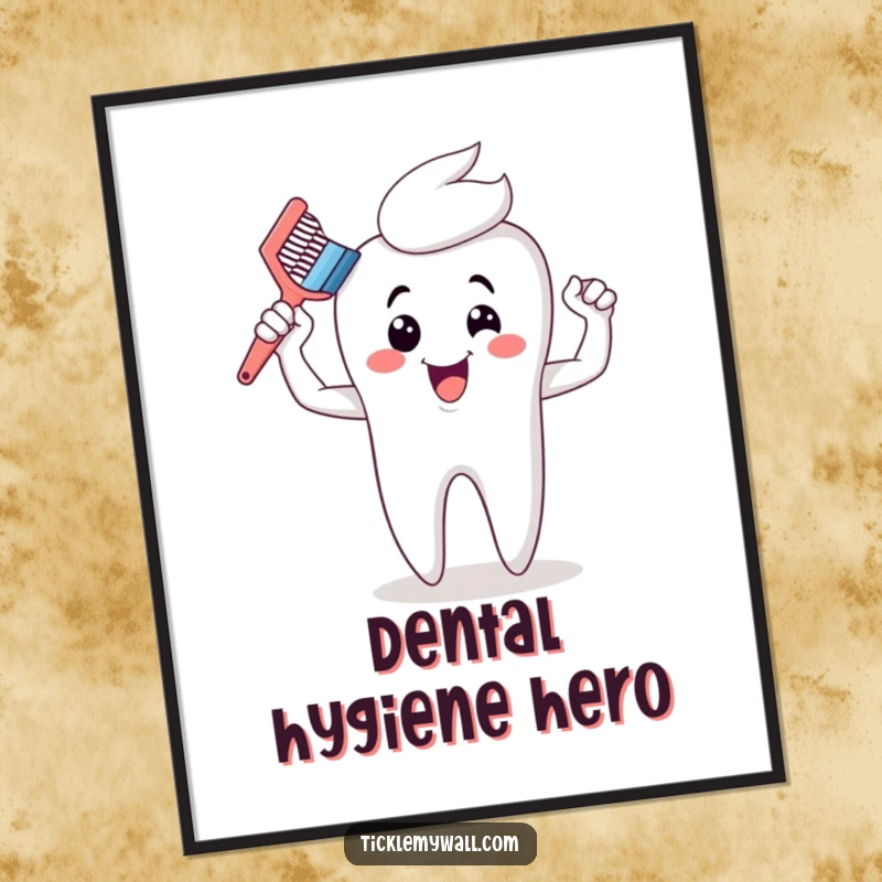 Funny Free Printable Wall Art of a proud cartoon toothbrush flexing strong muscles after a victorious cleaning of a giant tooth.