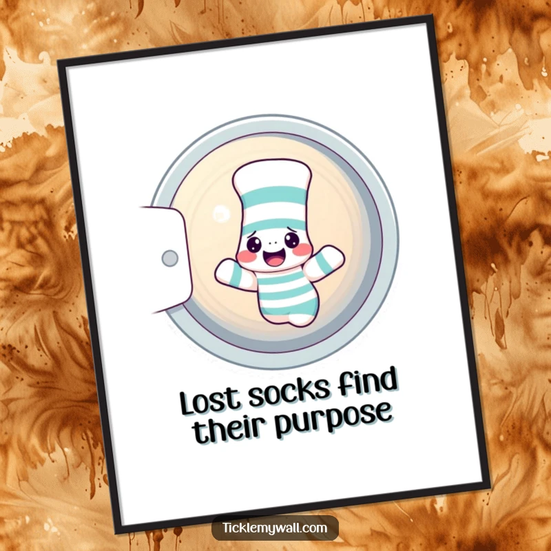 Funny Free Printable Wall Art: A confused sock spins wildly in a dryer alongside a playful sock puppet.