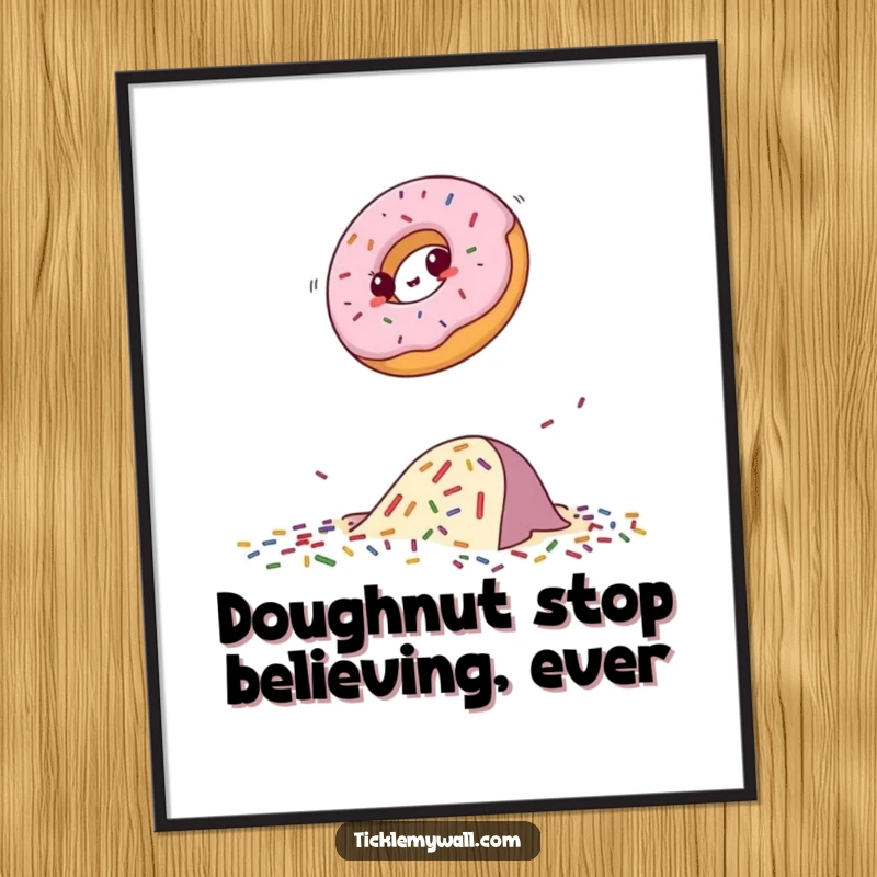 Funny Free Printable Wall Art: A determined donut leaping over a colourful, scattered sprinkle obstacle.