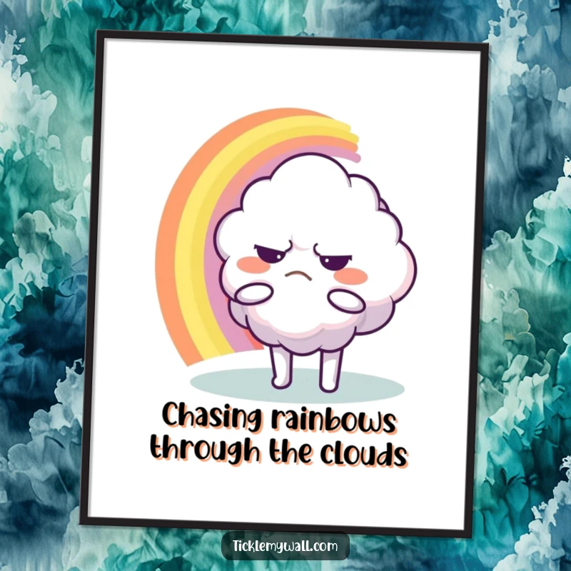 Funny Free Printable Wall Art: Grumpy cloud character trying to hug a rainbow, perfect quirky, downloadable home decor art.