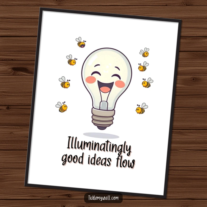 Funny Free Printable Wall Art: A laughing lightbulb is playfully juggling several tiny, buzzing bees, full of energy.