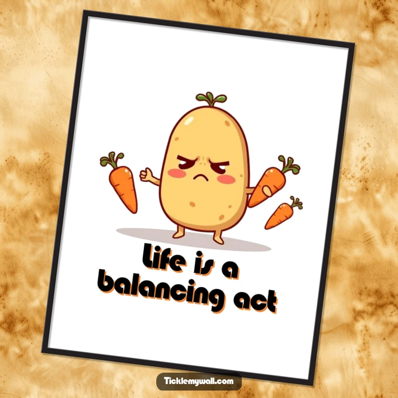 Funny Free Printable Wall Art: Nervous potato character struggling to juggle tiny carrots, perfect quirky, downloadable home decor art.