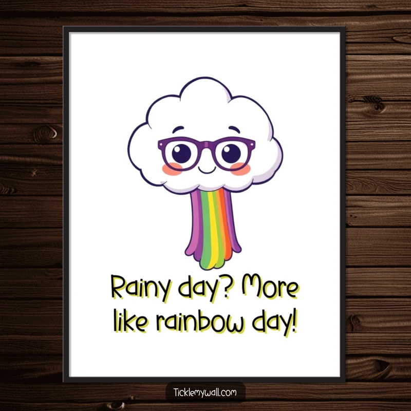 Funny Free Printable Wall Art depicting a happy cloud wearing spectacles and enthusiastically spilling a vibrant rainbow.