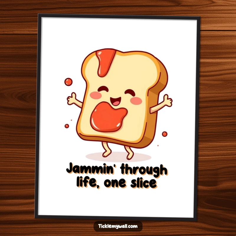 Funny free printable wall art: a slice of toast with jam splatters dances energetically. Whimsical foodie decor.