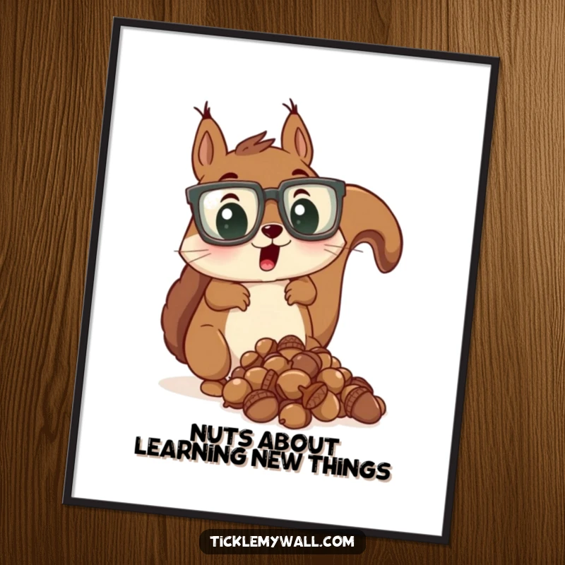 Funny Free Printable Wall Art: A surprised squirrel wearing comically oversized glasses drops a messy pile of acorns.