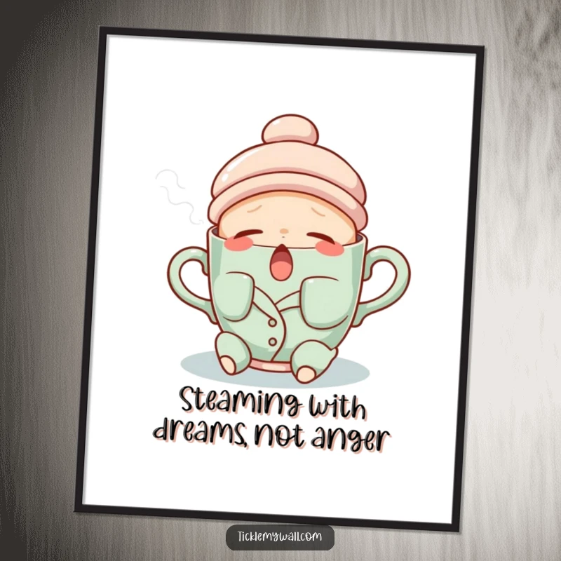 Funny Free Printable Wall Art: A sleepy teacup wearing pajamas, yawning a stream of steam, perfect cozy decor.