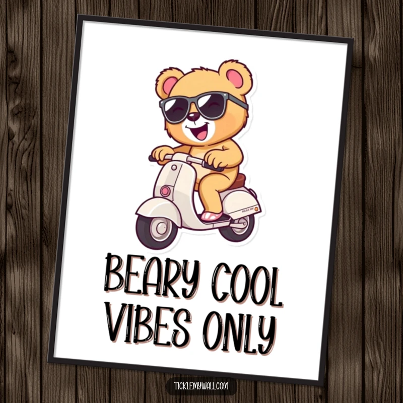 Funny Free Printable Wall Art depicting a thrilled teddy bear in sunglasses, cruisin' on a tiny scooter, bringing joy.