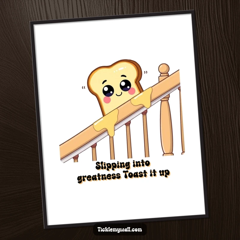 Funny Free Printable Wall Art of a piece of toast with googly eyes sliding down a buttered banister.