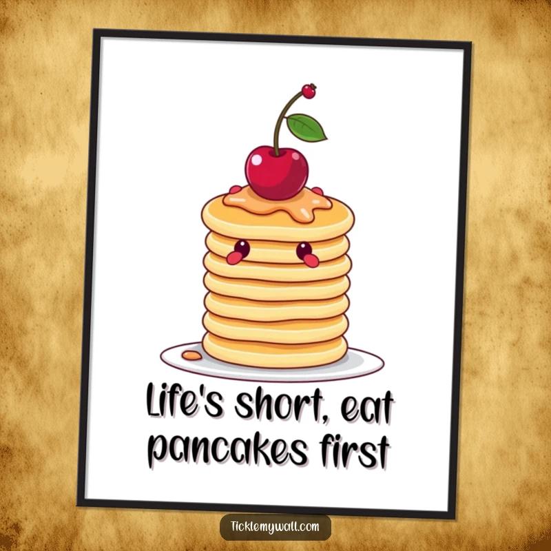 Funny free printable wall art: a stack of pancakes wobbles with a cherry precariously perched on top. Whimsical food decor.