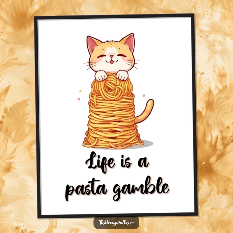 Funny Free Printable Wall Art: A cat comically balances a tower of spaghetti, adding humor to any room.