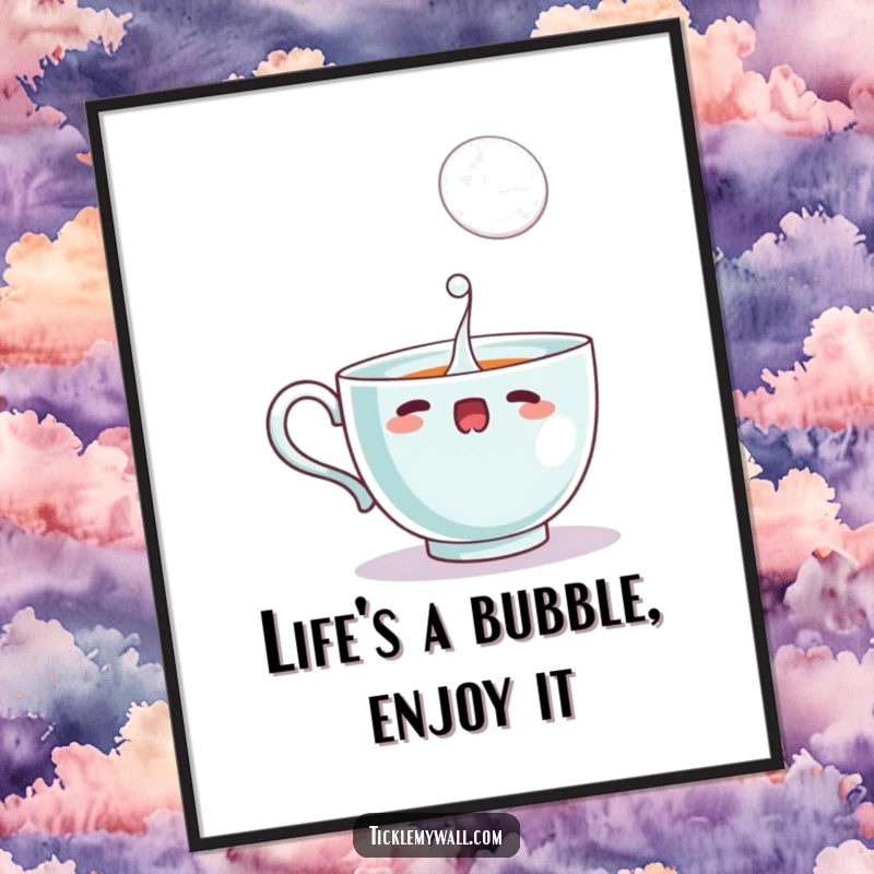 Funny free printable wall art: a teacup looks startled, spilling one large, perfect bubble. Whimsical kitchen or cafe decor.