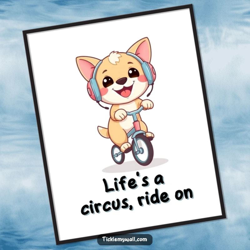 Funny Free Printable Wall Art of a dog wearing earmuffs, gleefully balancing on a unicycle, a humorous decor piece.