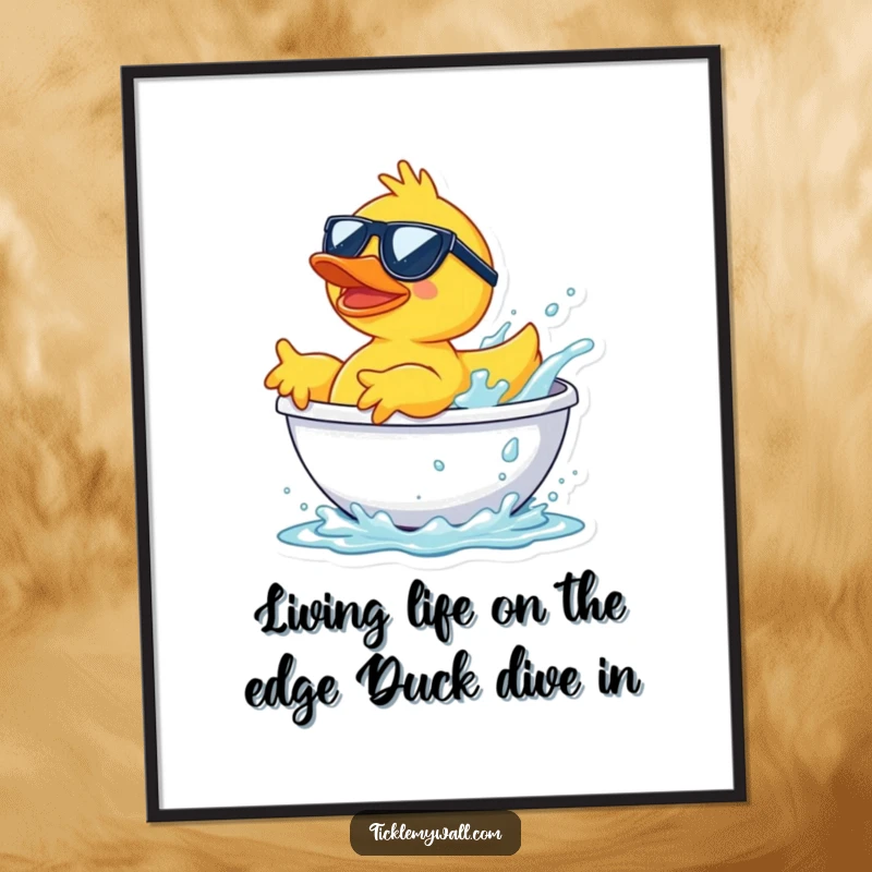 Funny Free Printable Wall Art of a rubber duck wearing sunglasses, launching from a bathtub splash.