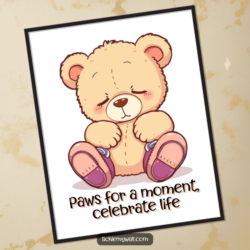 Funny Free Printable Wall Art of a sleepy teddy bear accidentally wearing shoes on its paws, creating a cozy and humorous vibe.