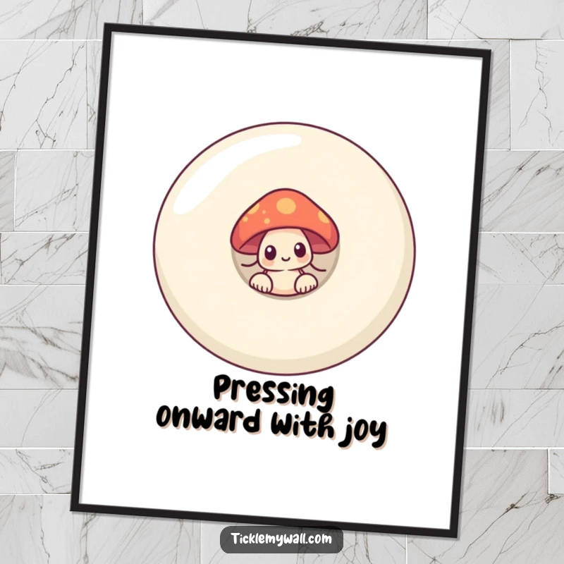 Funny Free Printable Wall Art: A shy mushroom peeking from behind a large smiling button, creating a whimsical scene.