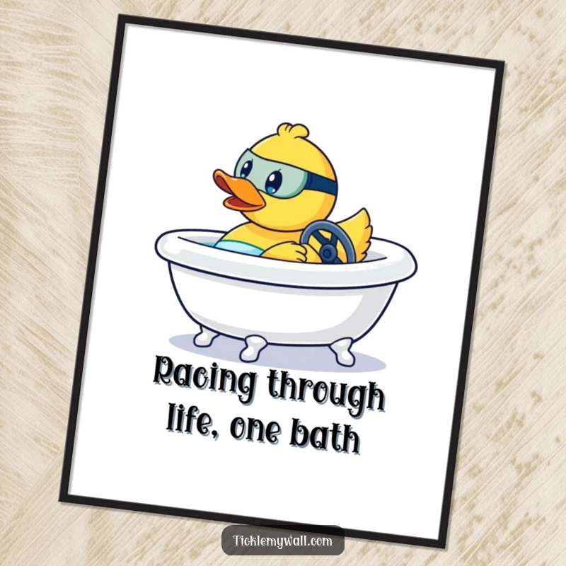 Funny Free Printable Wall Art: A rubber duck aggressively steering a bathtub like a race car, a hilarious and energetic scene.