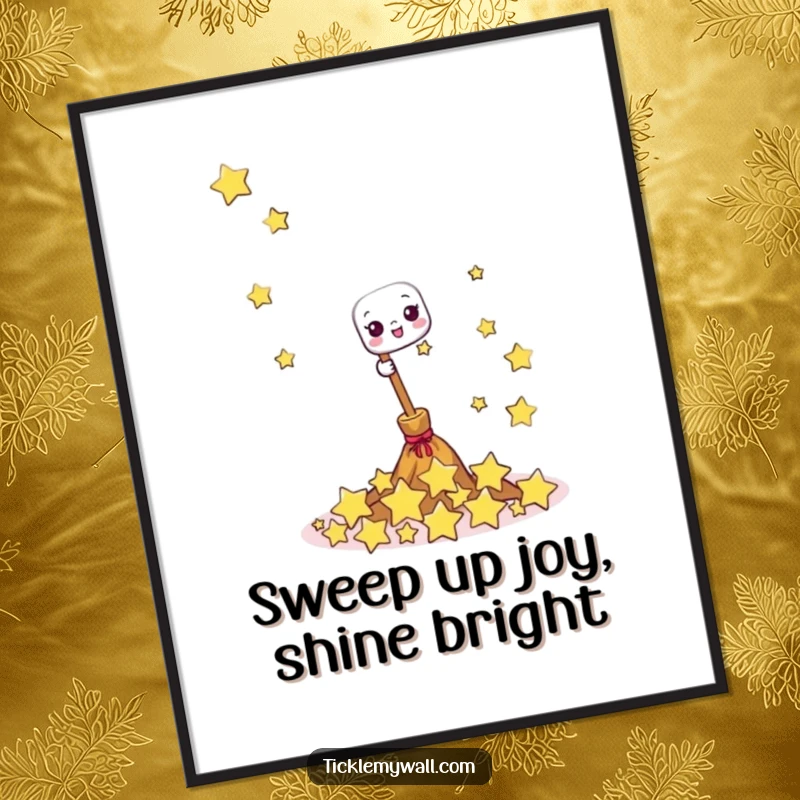 Funny Free Printable Wall Art of a happy broom sweeping a pile of giggling little stars, adding a touch of playful magic.