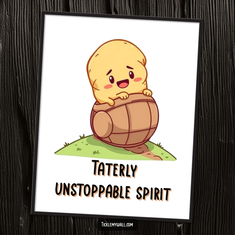 Funny Free Printable Wall Art: A determined potato is rolling down a hill inside a tiny barrel, on an epic journey.