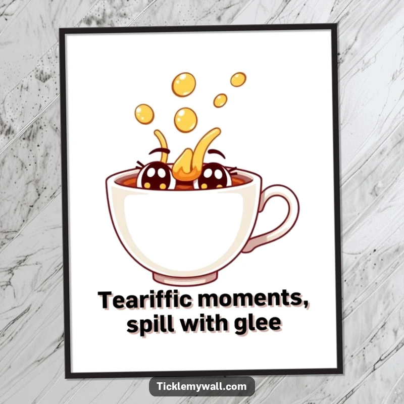 Funny Free Printable Wall Art: A joyful teacup with big eyes dramatically spills hot tea in a fun, splashy mess.