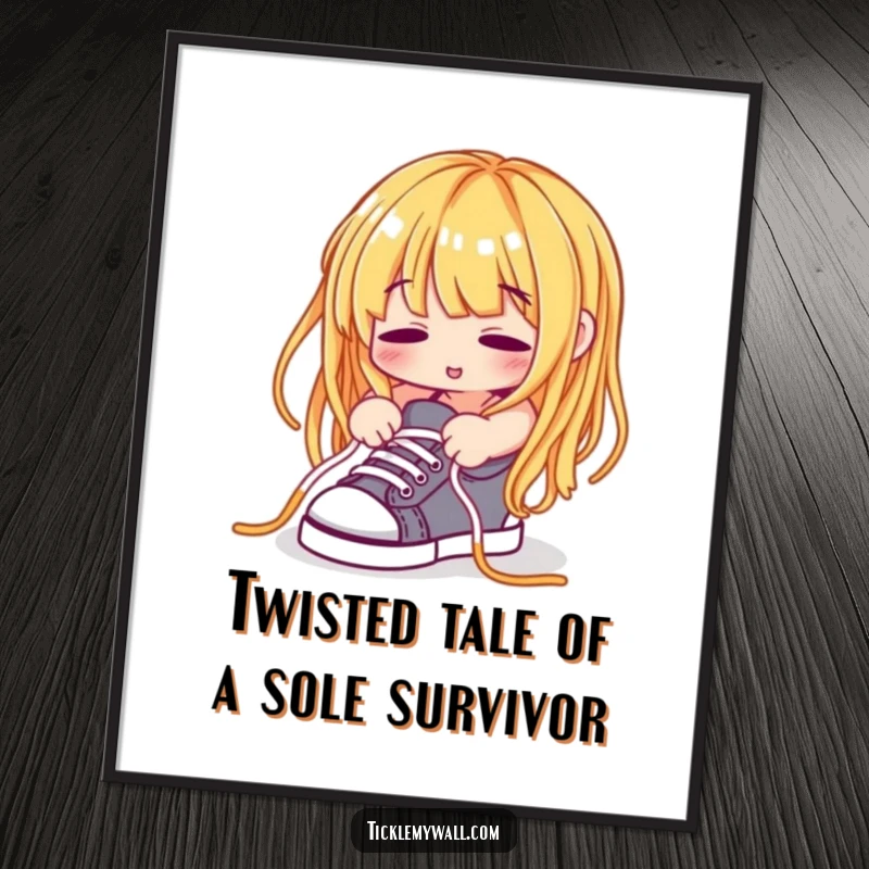 Funny Free Printable Wall Art: A spaghetti noodle is depicted hilariously trying to tie its own shoelaces.