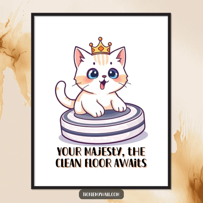 Funny Free Printable Wall Art of a surprised cat in a crown joyfully riding a Roomba.
