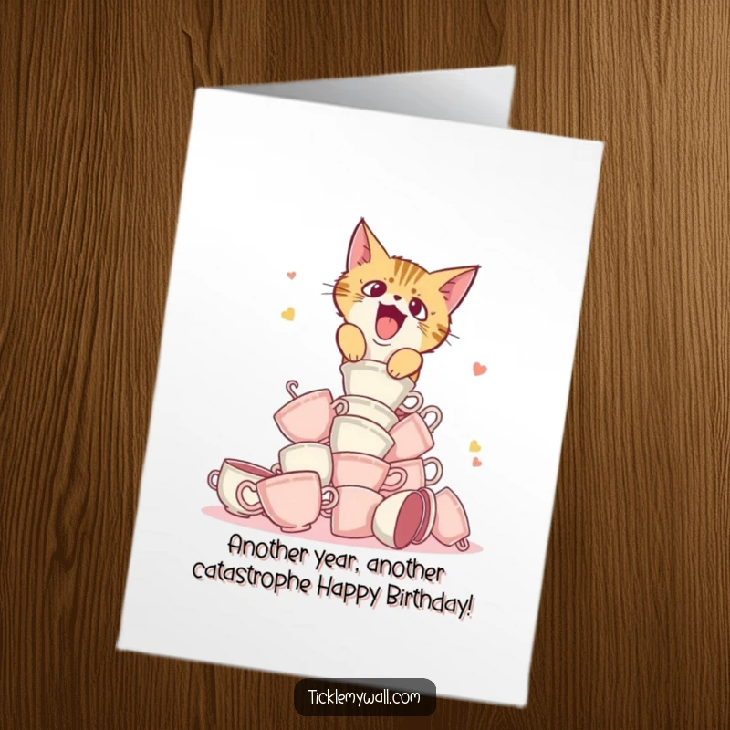 Funny free printable birthday card showing a startled cat knocking over a teacup tower, perfect for a chaotic celebration.
